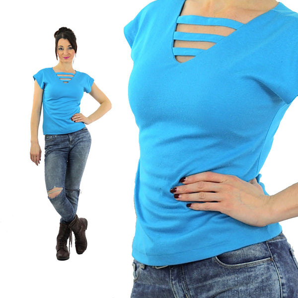 Vintage Cut out knit top Deep V  blue top tshirt retro mod Medium - shabbybabe
 - 1