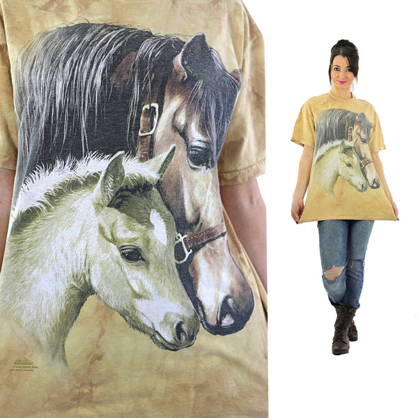 Horse shirt Graphic tshirt oversize slouchy animal tee Horses print short sleeve beige retro hipster Grunge Medium - shabbybabe
 - 1