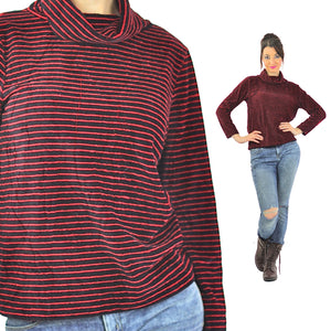 Striped shirt red black stripe blouse Vintage 1990s grunge top funnel neck  velvet sweater long sleeve slouchy retro Medium - shabbybabe
 - 2