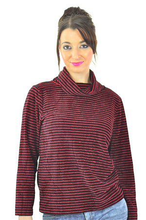 Striped shirt red black stripe blouse Vintage 1990s grunge top funnel neck  velvet sweater long sleeve slouchy retro Medium - shabbybabe
 - 3