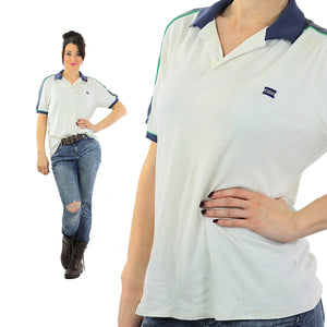 Polo shirt white oversized slouchy shirt navy blue striped collared tshirt Vintage 1980s nerd Retro Medium Large - shabbybabe
 - 1