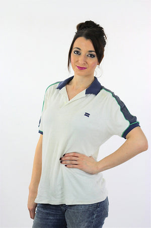 Polo shirt white oversized slouchy shirt navy blue striped collared tshirt Vintage 1980s nerd Retro Medium Large - shabbybabe
 - 3