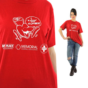 graphic tshirt red cartoon tee Vintage 1990s Memorial Hospitals Association  red white oversize abstract Large - shabbybabe
 - 1