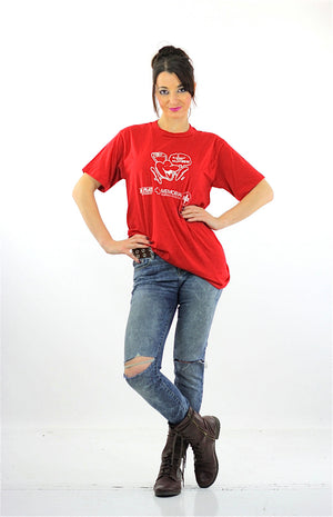 graphic tshirt red cartoon tee Vintage 1990s Memorial Hospitals Association  red white oversize abstract Large - shabbybabe
 - 5