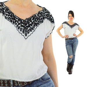Sheer lace top Black white bohemian blouse  Deep V plunging cap sleeve Hippie shirt embroidered  oversize blouse Medium - shabbybabe
 - 2