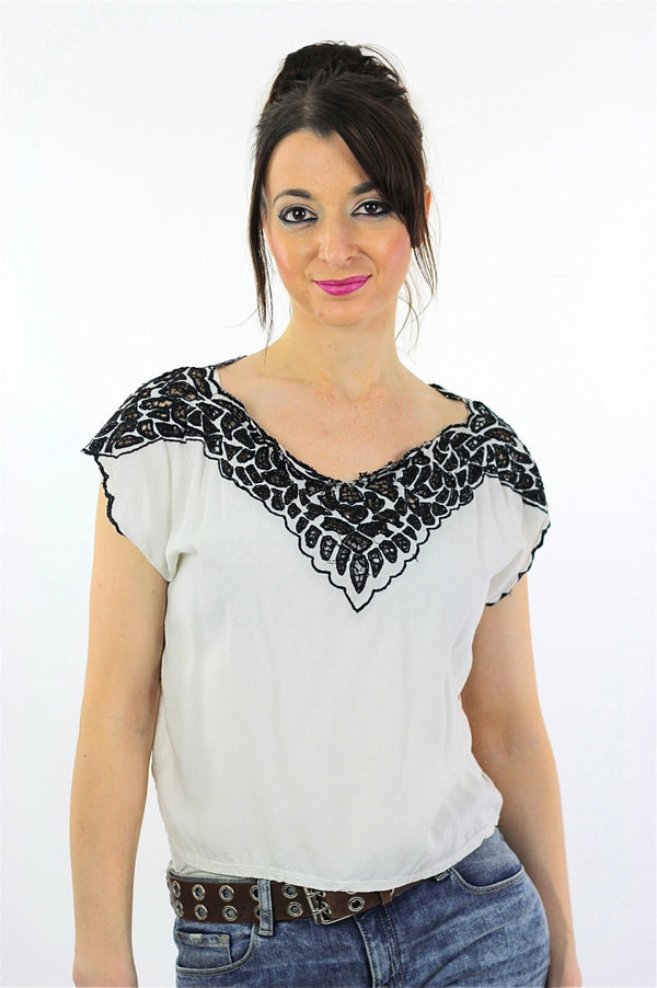 Sheer lace top Black white bohemian blouse  Deep V plunging cap sleeve Hippie shirt embroidered  oversize blouse Medium - shabbybabe
 - 1