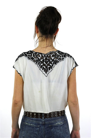 Sheer lace top Black white bohemian blouse  Deep V plunging cap sleeve Hippie shirt embroidered  oversize blouse Medium - shabbybabe
 - 4