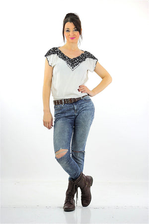 Sheer lace top Black white bohemian blouse  Deep V plunging cap sleeve Hippie shirt embroidered  oversize blouse Medium - shabbybabe
 - 5