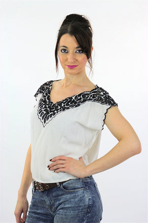 Sheer lace top Black white bohemian blouse  Deep V plunging cap sleeve Hippie shirt embroidered  oversize blouse Medium - shabbybabe
 - 3