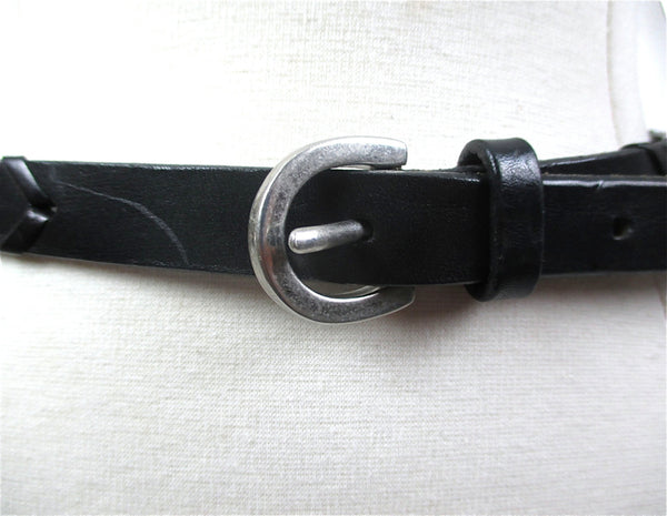 Ralph Lauren belt Black leather Braided narrow women's skinny belt silver buckle equestrian belt - shabbybabe
 - 1