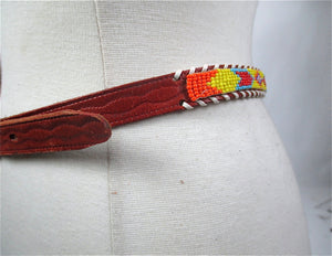 Tan leather belt beaded woven Alaska Belt tooled belt metal buckle - shabbybabe
 - 2
