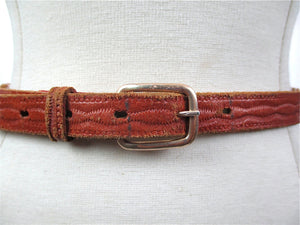 Brown leather belt woven beaded tribal abstract skinny belt narrow tan belt S - shabbybabe
 - 1