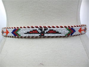 Brown leather belt woven beaded tribal abstract skinny belt narrow tan belt S - shabbybabe
 - 3