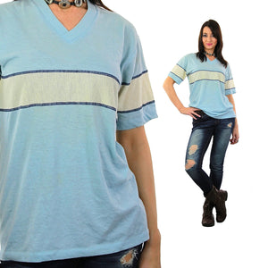 Vintage 90s Grunge Blue Stripe shirt White striped V neck tee - shabbybabe
 - 2