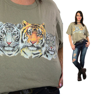 Tiger shirt animal tshirt African Lion cat tee Vintage 1990s Grunge beige safari wildlife top slouchy oversize Large - shabbybabe
 - 1