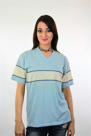 Vintage 90s Grunge Blue Stripe shirt White striped V neck tee - shabbybabe
 - 1