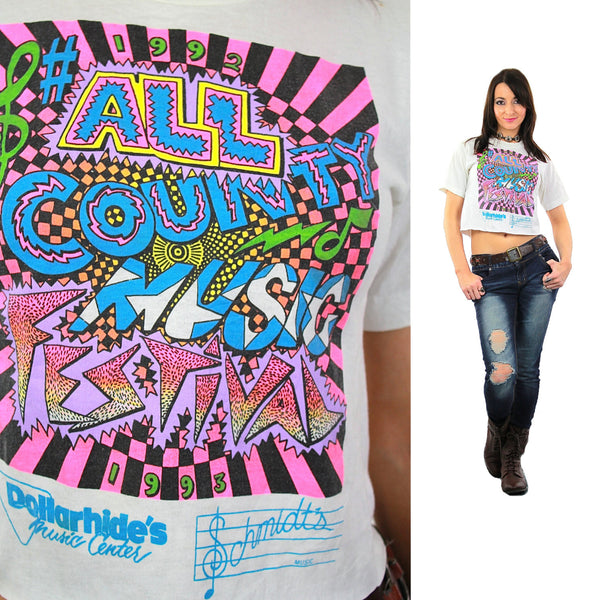 Music shirt All Country Music Festival Tshirt Vintage 1990s Neon graphic tee crop top white cropped tee shirt Small Medium - shabbybabe
 - 1