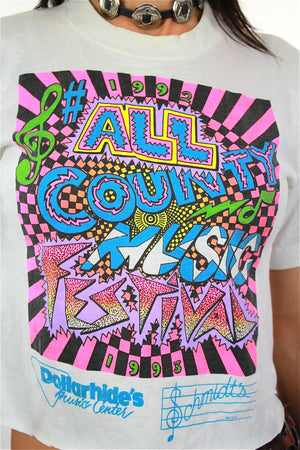 Music shirt All Country Music Festival Tshirt Vintage 1990s Neon graphic tee crop top white cropped tee shirt Small Medium - shabbybabe
 - 4
