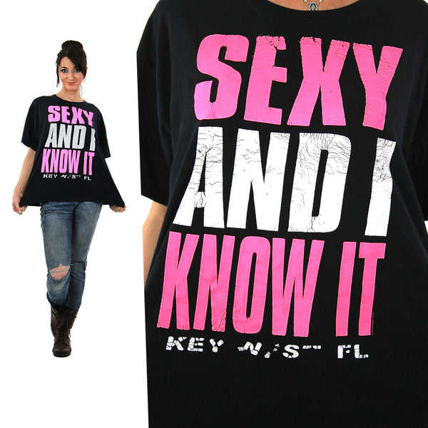 Sexy shirt Black graphic tee Vintage 1990s neon Sexy and I know it tshirt Key West Florida Oversized Large - shabbybabe
 - 1