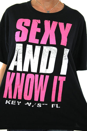 Sexy shirt Black graphic tee Vintage 1990s neon Sexy and I know it tshirt Key West Florida Oversized Large - shabbybabe
 - 4