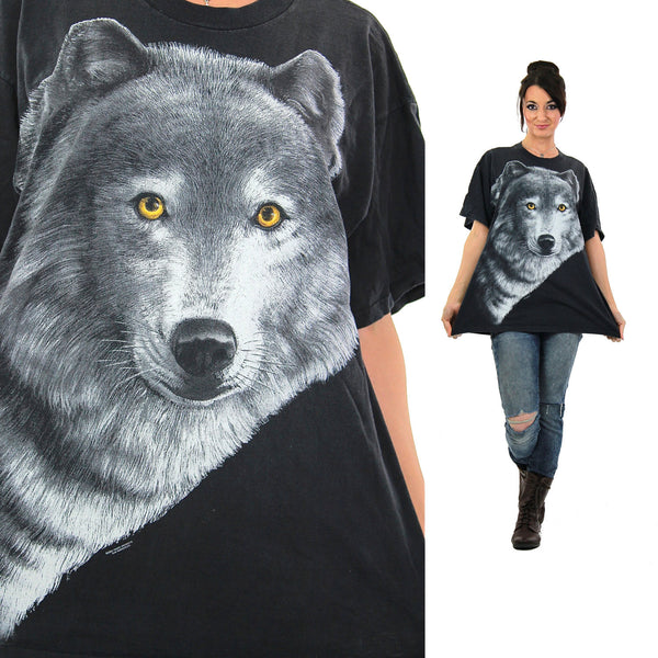 Wolf shirt black animal tee Vintage 1990s grunge goth graphic tshirt oversize unisex short sleeve Extra Large - shabbybabe
 - 1