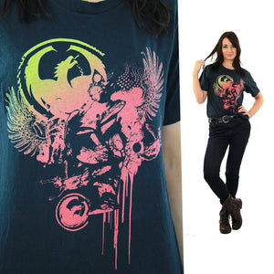 Graphic tee Dragon shirt Vintage 1990s grunge goth neon black short sleeve skater tshirt Retro Unisex Medium - shabbybabe
 - 1