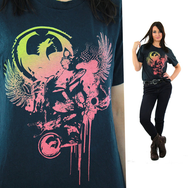 Graphic tee Dragon shirt Vintage 1990s grunge goth neon black short sleeve skater tshirt Retro Unisex Medium - shabbybabe
 - 1