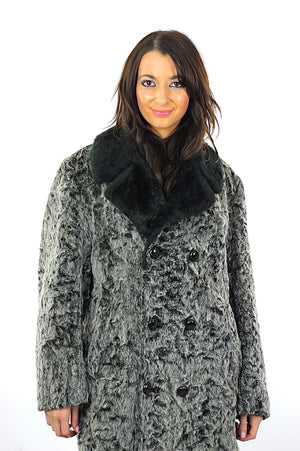 Gray Faux Fur Coat Double Breasted button up long sleeve Vintage 1960s Grey Retro Mod Shaggy Chub Coat Medium large - shabbybabe
 - 1