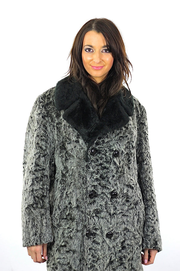 Gray Faux Fur Coat Double Breasted button up long sleeve Vintage 1960s Grey Retro Mod Shaggy Chub Coat Medium large - shabbybabe
 - 1