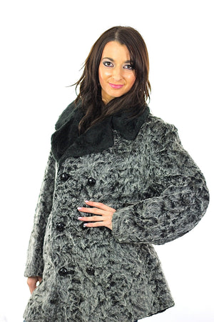 Gray Faux Fur Coat Double Breasted button up long sleeve Vintage 1960s Grey Retro Mod Shaggy Chub Coat Medium large - shabbybabe
 - 2