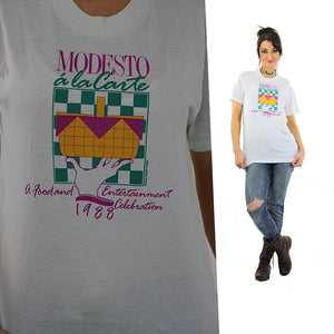 Retro shirt Vintage 1980s graphic tee white short sleeve oversize unisex hipster Modesto a la Carte print Large - shabbybabe
 - 1