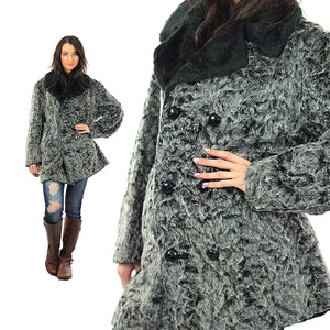 Gray Faux Fur Coat Double Breasted button up long sleeve Vintage 1960s Grey Retro Mod Shaggy Chub Coat Medium large - shabbybabe
 - 3