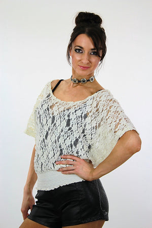 Sheer lace top white floral peasant blouse Vintage 1990s grunge prairie flutter sleeve shirt oversize slouchy Medium - shabbybabe
 - 3