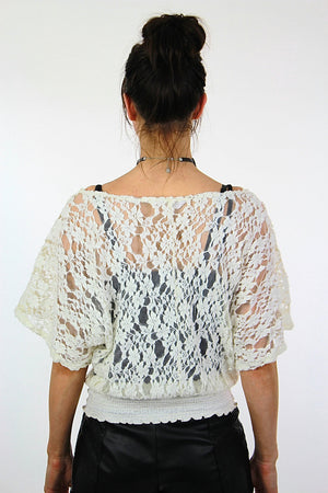 Sheer lace top white floral peasant blouse Vintage 1990s grunge prairie flutter sleeve shirt oversize slouchy Medium - shabbybabe
 - 4