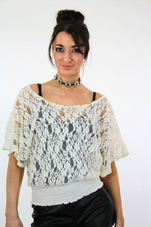 Sheer lace top white floral peasant blouse Vintage 1990s grunge prairie flutter sleeve shirt oversize slouchy Medium - shabbybabe
 - 1