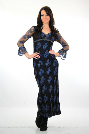 Lace maxi dress Navy Blue floral Vintage 1990s grunge goth long sleeve scoop neck longCocktail evening gown - shabbybabe
 - 2