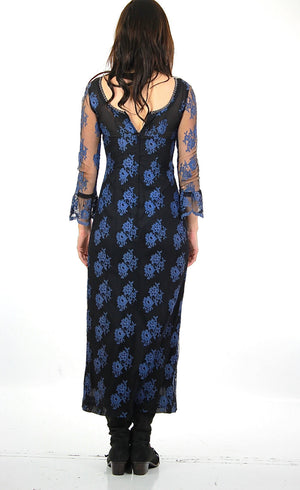 Lace maxi dress Navy Blue floral Vintage 1990s grunge goth long sleeve scoop neck longCocktail evening gown - shabbybabe
 - 3