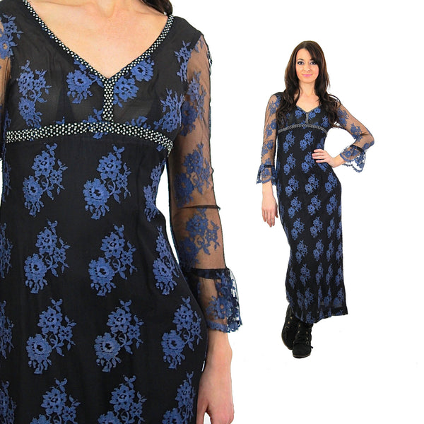 Lace maxi dress Navy Blue floral Vintage 1990s grunge goth long sleeve scoop neck longCocktail evening gown - shabbybabe
 - 1