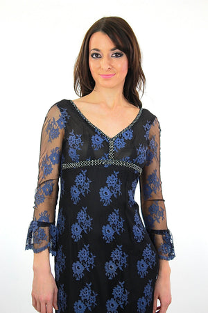 Lace maxi dress Navy Blue floral Vintage 1990s grunge goth long sleeve scoop neck longCocktail evening gown - shabbybabe
 - 4