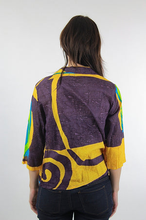 Color block shirt Vintage 1980s abstract new wave Neon yellow Geometric  top - shabbybabe
 - 4
