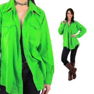 Oxford shirt Green button up Vintage 1970s embroidered snap Western blouse Boho Hippie festival Unisex Large Extra Large - shabbybabe
 - 1