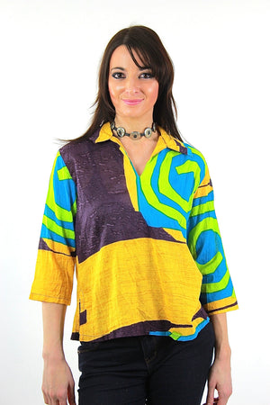 Color block shirt Vintage 1980s abstract new wave Neon yellow Geometric  top - shabbybabe
 - 1