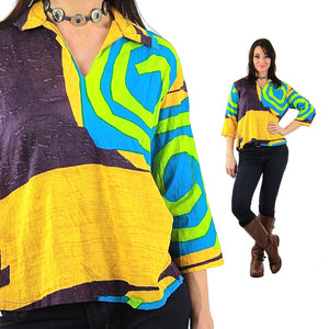 Color block shirt Vintage 1980s abstract new wave Neon yellow Geometric  top - shabbybabe
 - 3