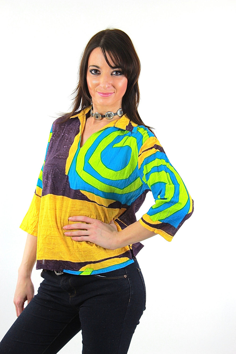 Color block shirt Vintage 1980s abstract new wave Neon