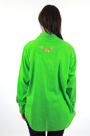 Oxford shirt Green button up Vintage 1970s embroidered snap Western blouse Boho Hippie festival Unisex Large Extra Large - shabbybabe
 - 4