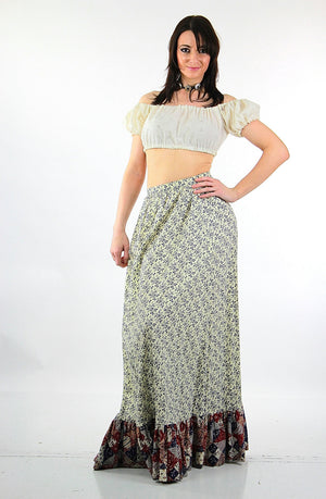 Floral maxi skirt Vintage 1970s patchwork floral festival Hippie Tiered ruffle full long skirt High waisted retro mod Medium - shabbybabe
 - 2