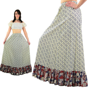 Floral maxi skirt Vintage 1970s patchwork floral festival Hippie Tiered ruffle full long skirt High waisted retro mod Medium - shabbybabe
 - 3