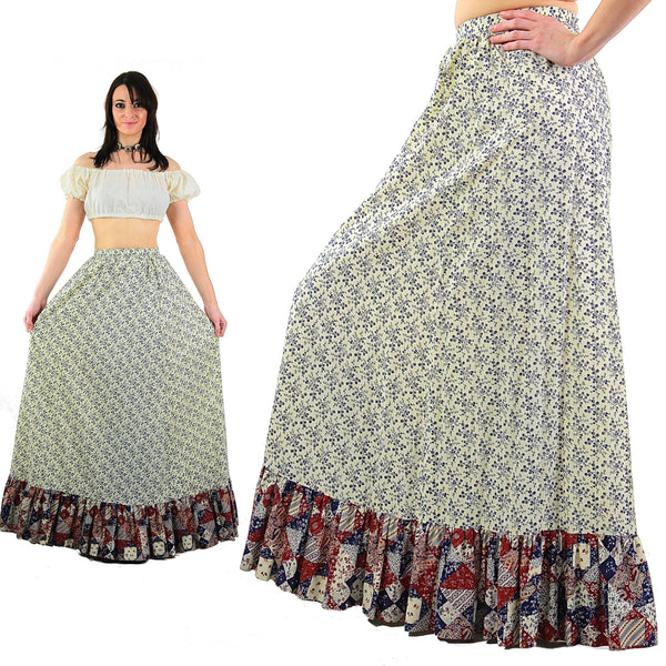 Floral maxi skirt Vintage 1970s patchwork floral festival Hippie Tiered ruffle full long skirt High waisted retro mod Medium - shabbybabe
 - 3