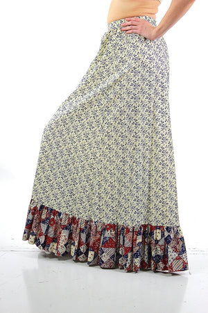Floral maxi skirt Vintage 1970s patchwork floral festival Hippie Tiered ruffle full long skirt High waisted retro mod Medium - shabbybabe
 - 1