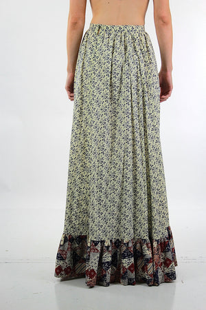 Floral maxi skirt Vintage 1970s patchwork floral festival Hippie Tiered ruffle full long skirt High waisted retro mod Medium - shabbybabe
 - 5
